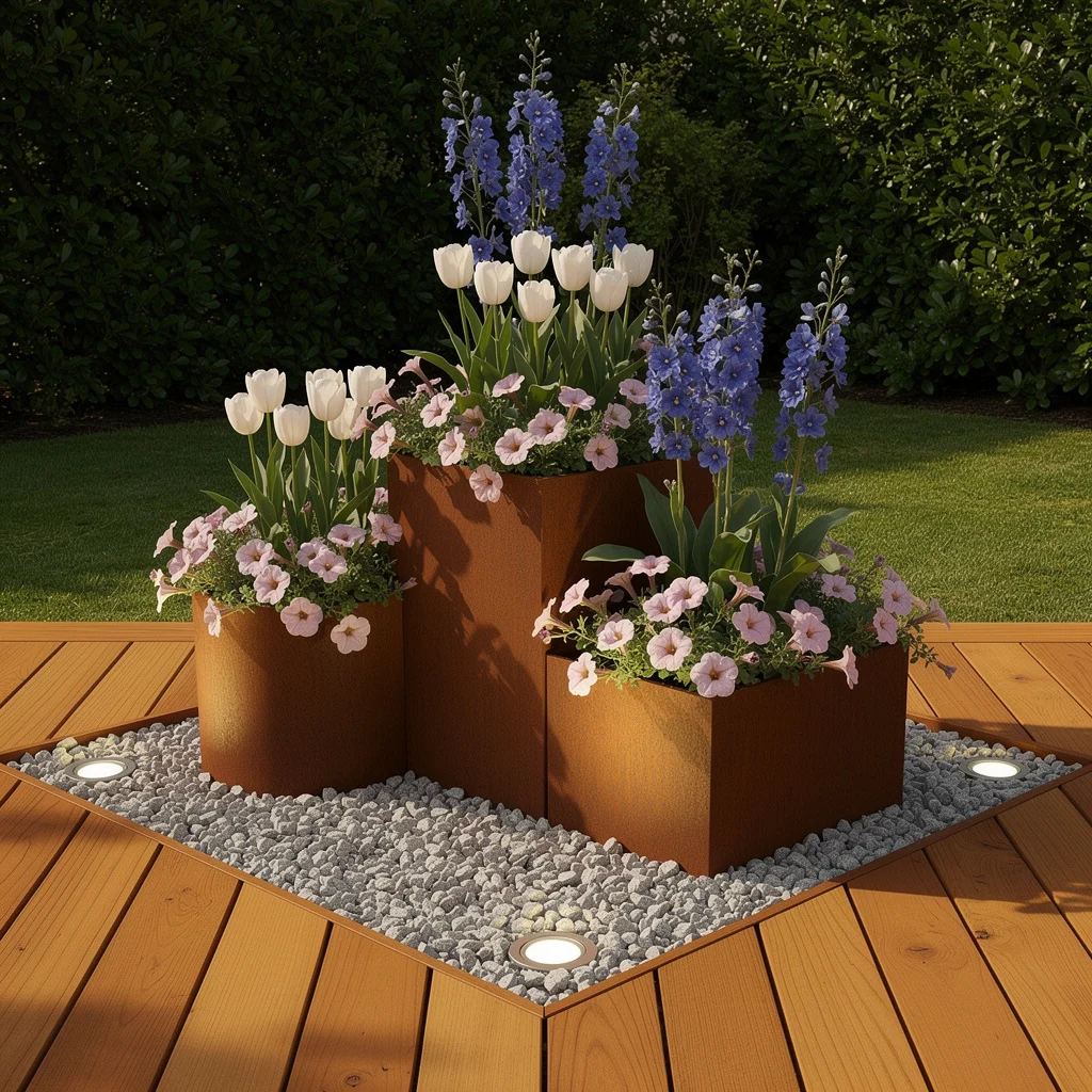 Go Vertical With Tiered Steel Planters and Drama Lighting