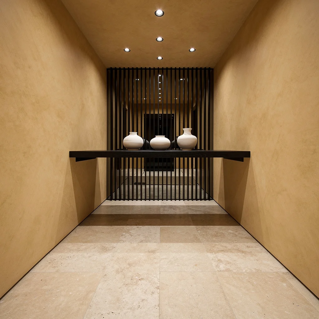 Gallery Precision: Limestone, Venetian Plaster, and Blackened Steel