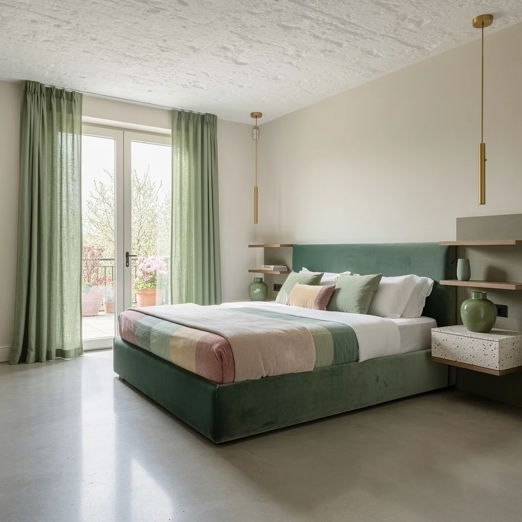 Concrete Cool: Sage Feature Wall + Pistachio Curtains