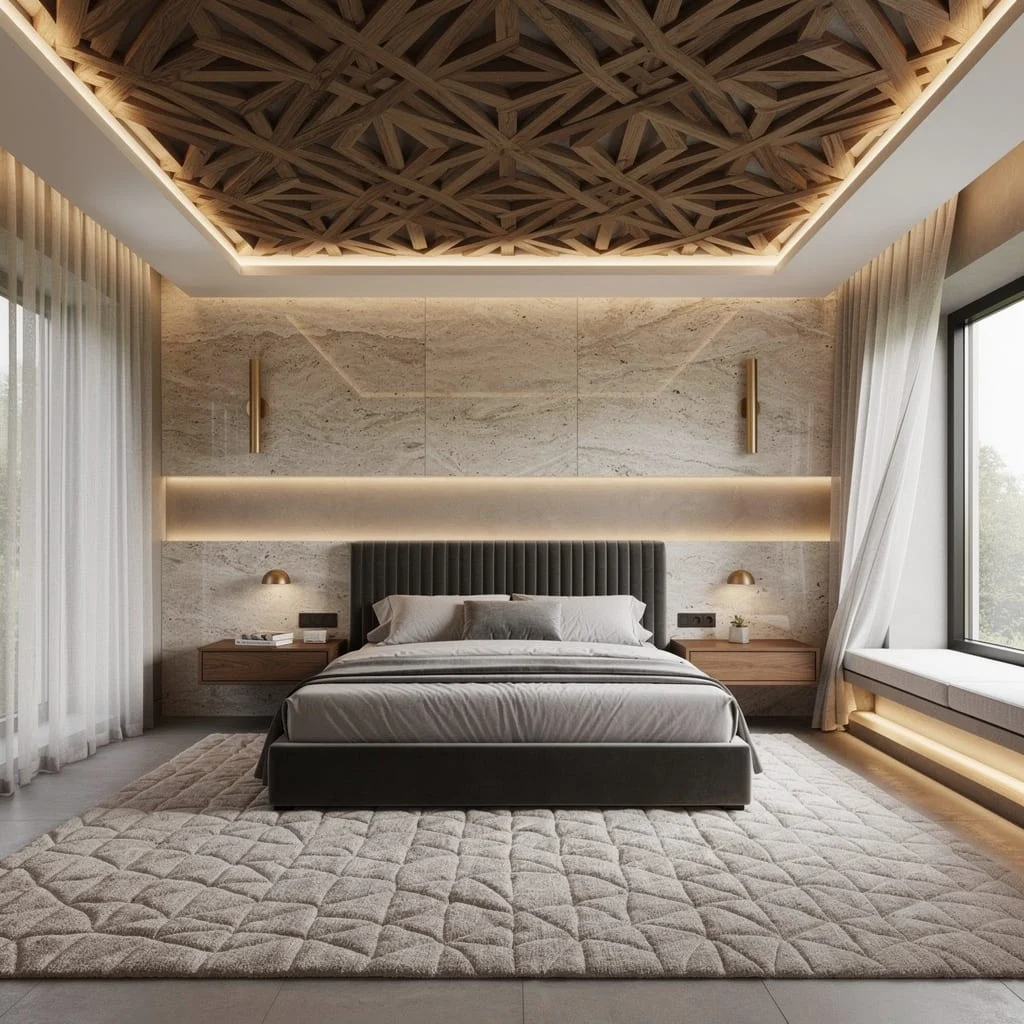 Get Geometric: Sculptural Wood Ceilings & Cove LEDs