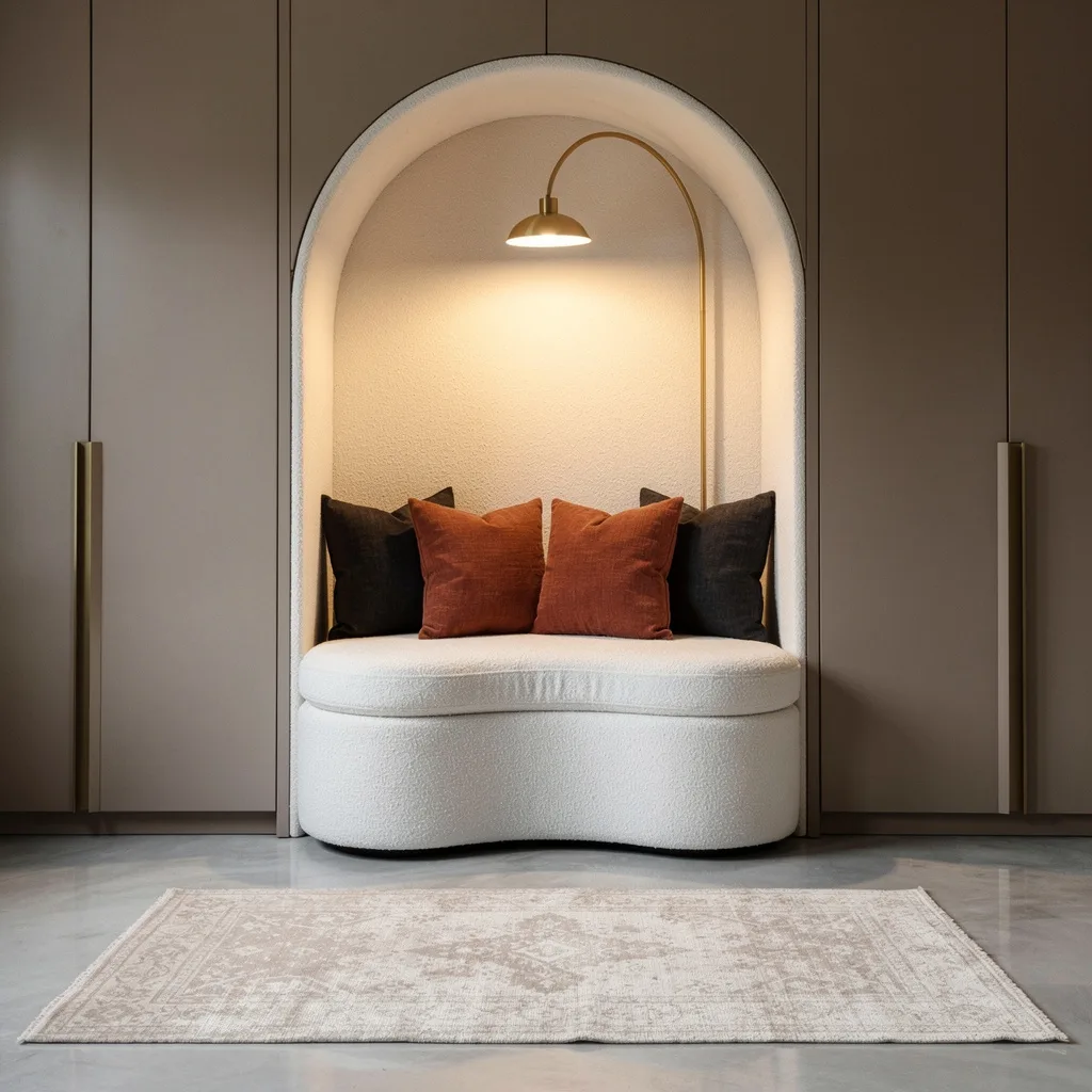 Banquette Bliss: Bouclé, Terracotta, and Brass Lighting