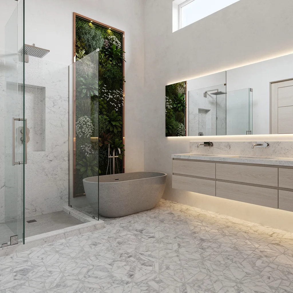 Tumbled Marble and Vertical Gardens: Give Your Bathroom Actual Life