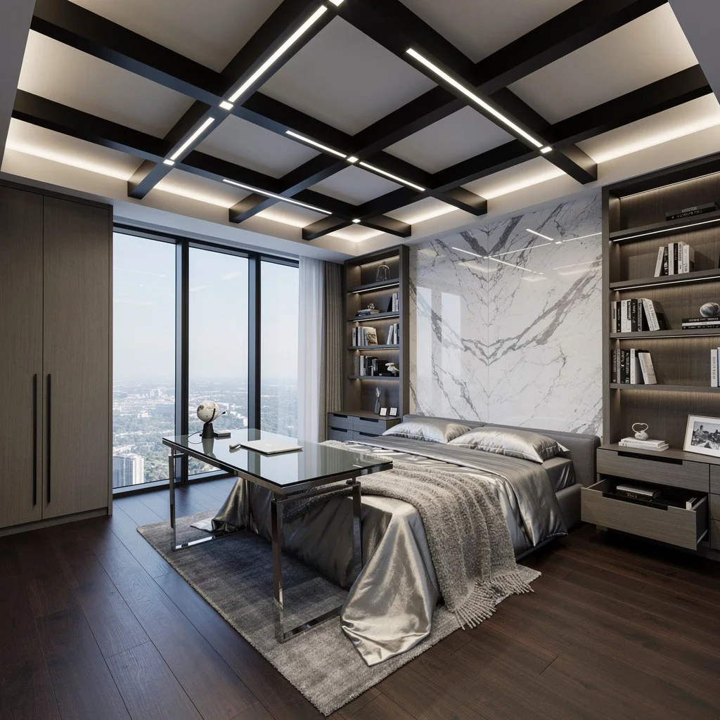 Contemporary Power: Double-Height Ceilings, Matte Black Beams, and Marble Magic