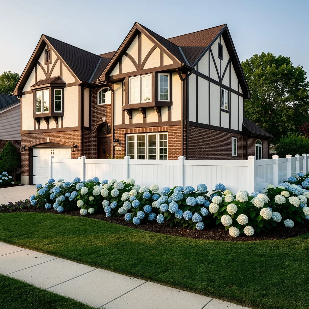 The Tudor-Style House with Hydrangea Foundation Fence Line