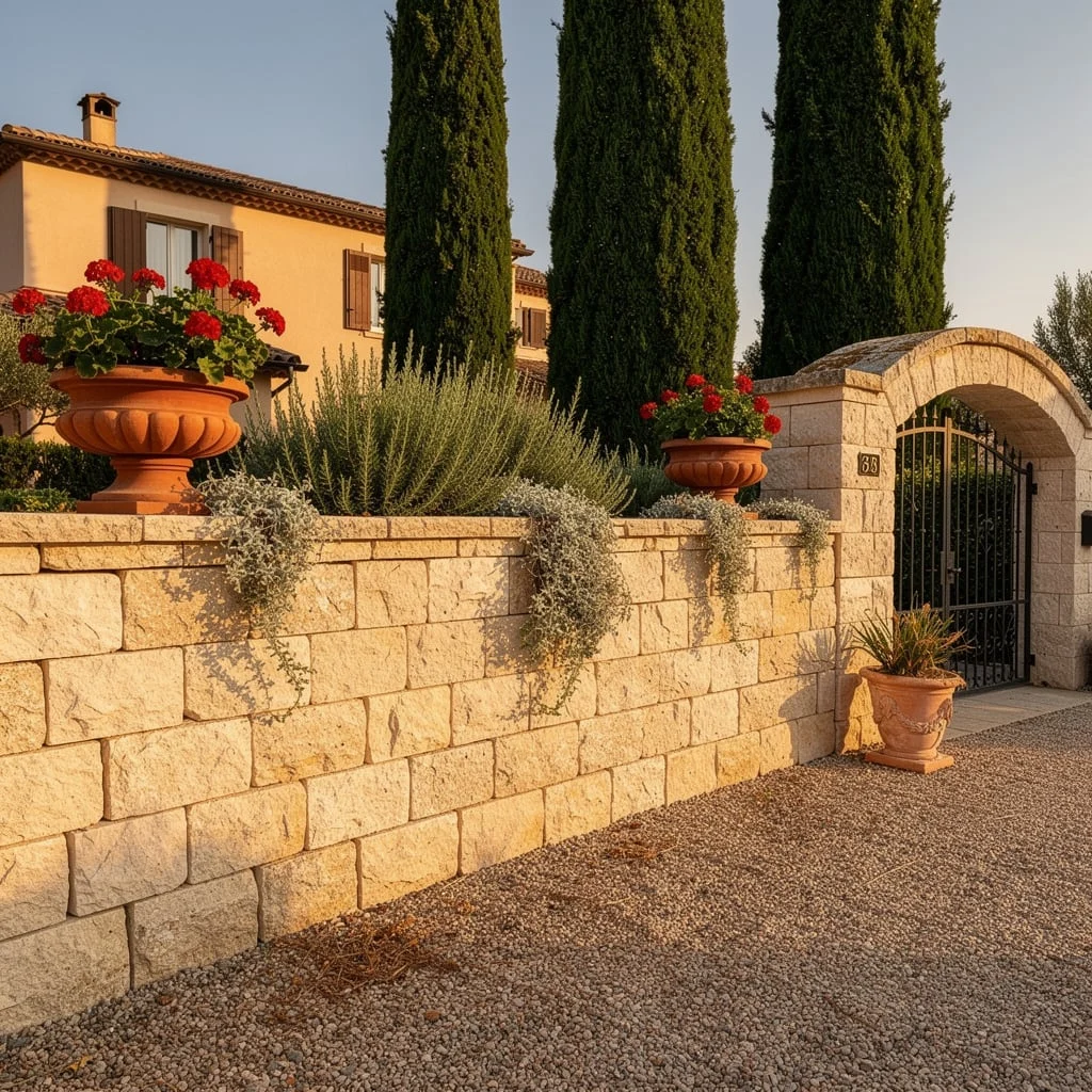 The Tuscan Stone Wall with Terracotta Urns and Cypress Trees
