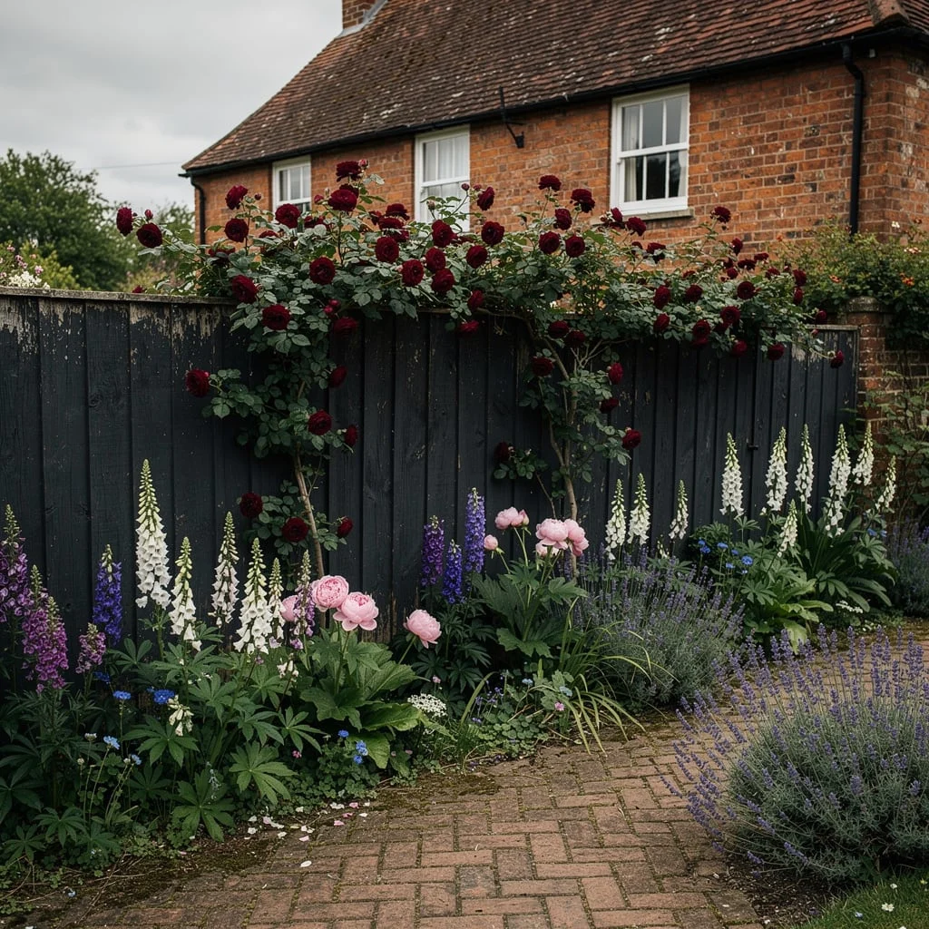 The Dark Painted Fence with Cottage Border and Climbing Rose Arch