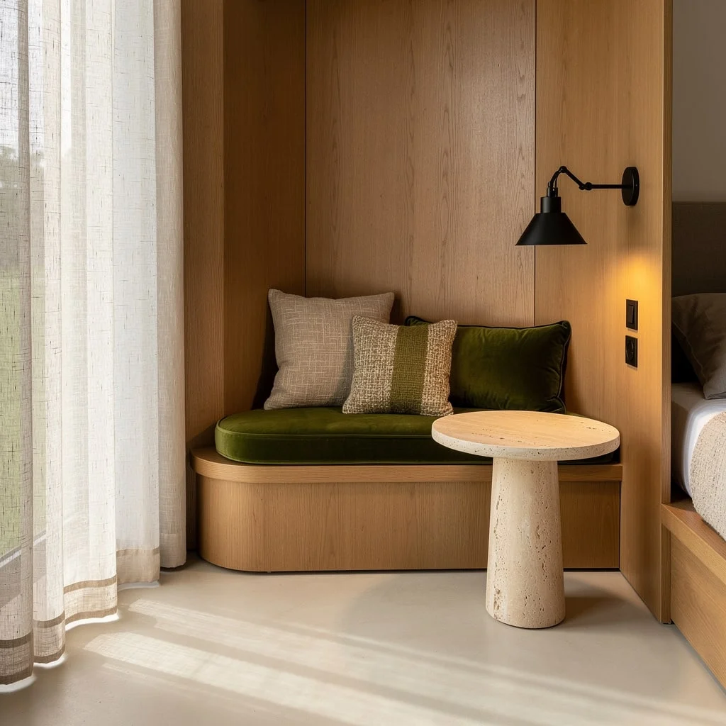 Wood Wrapped Window Seat: Moss Velvet and Drapery Goals