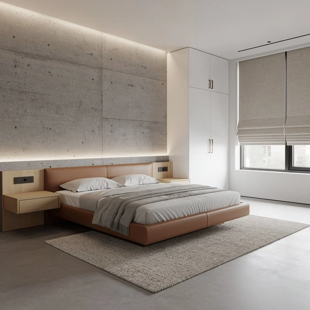 Concrete Cool: Tactile Walls, Slim Leather, and Bronze Touches