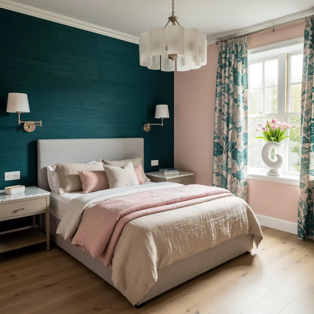 Teal Grasscloth Drama with Soft Blush Accents