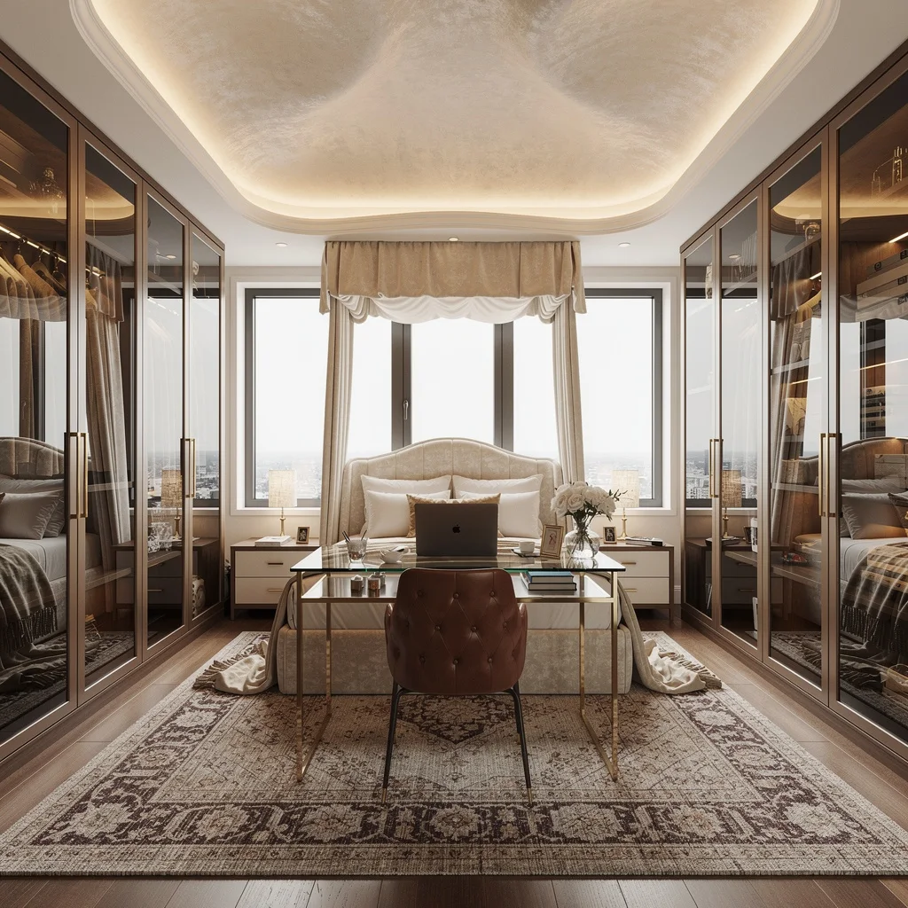 Sanctuary Mode: Canopy Bed, Glass-Brass Desk, and Persian Rug Luxe