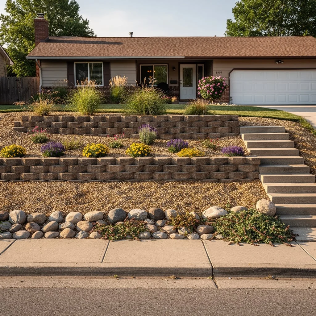 The Tiered Retaining Wall with Gravel Terraces and Ornamental Grasses
