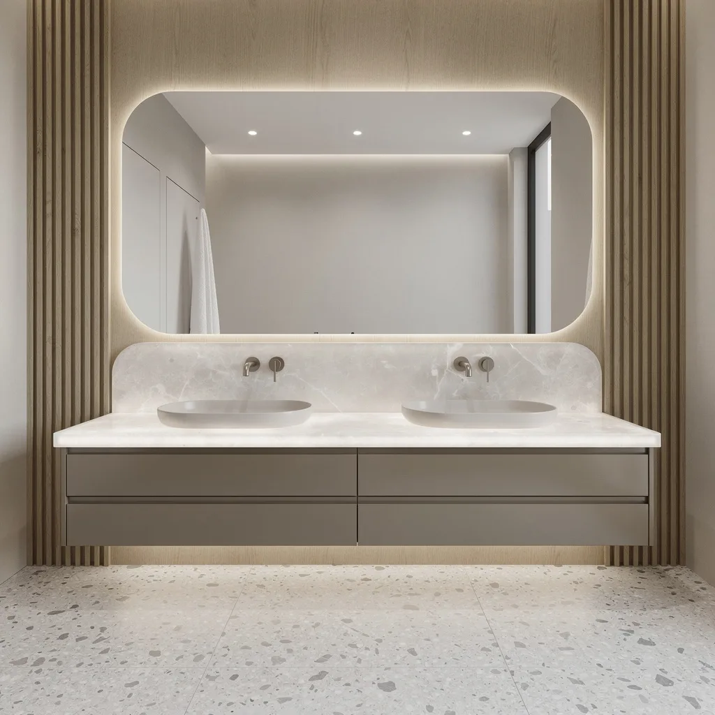 Glass-Fronted Minimalism: Taupe, Resin & Terrazzo