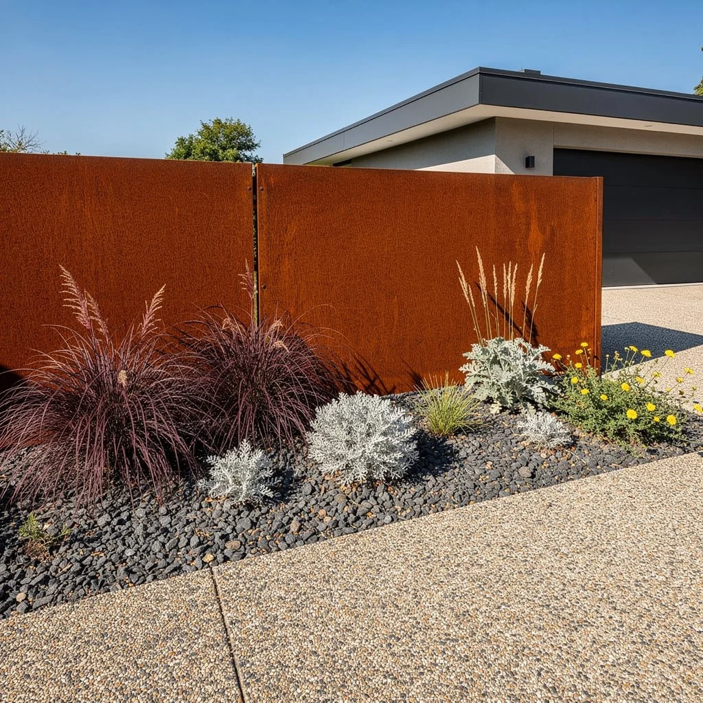 The Corten Steel Wall with Black Lava Rock and Ornamental Grasses