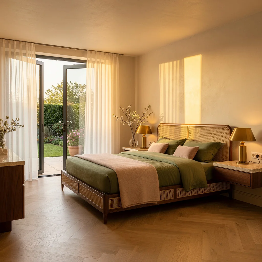 Terrace Flex: Rattan-Panel Bed + Moss Green Linens