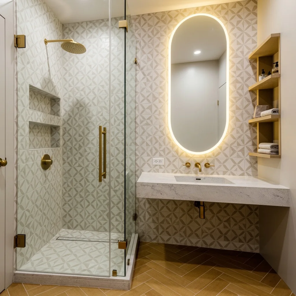 Geometric Magic—Taupe Tiles, Brass, Concrete, Honey Floors