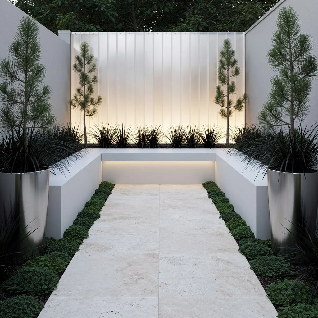 Go Ultra-Minimalist: Travertine Walkways, Concrete Benches, and Poly Panels