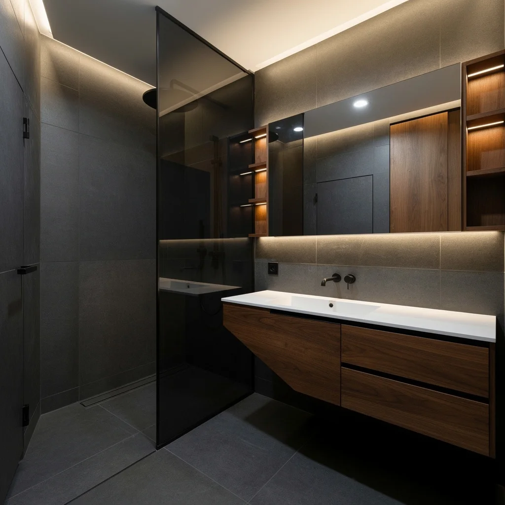 Urban Edge—Charcoal Panels, Walnut Contrast, Hidden Lighting