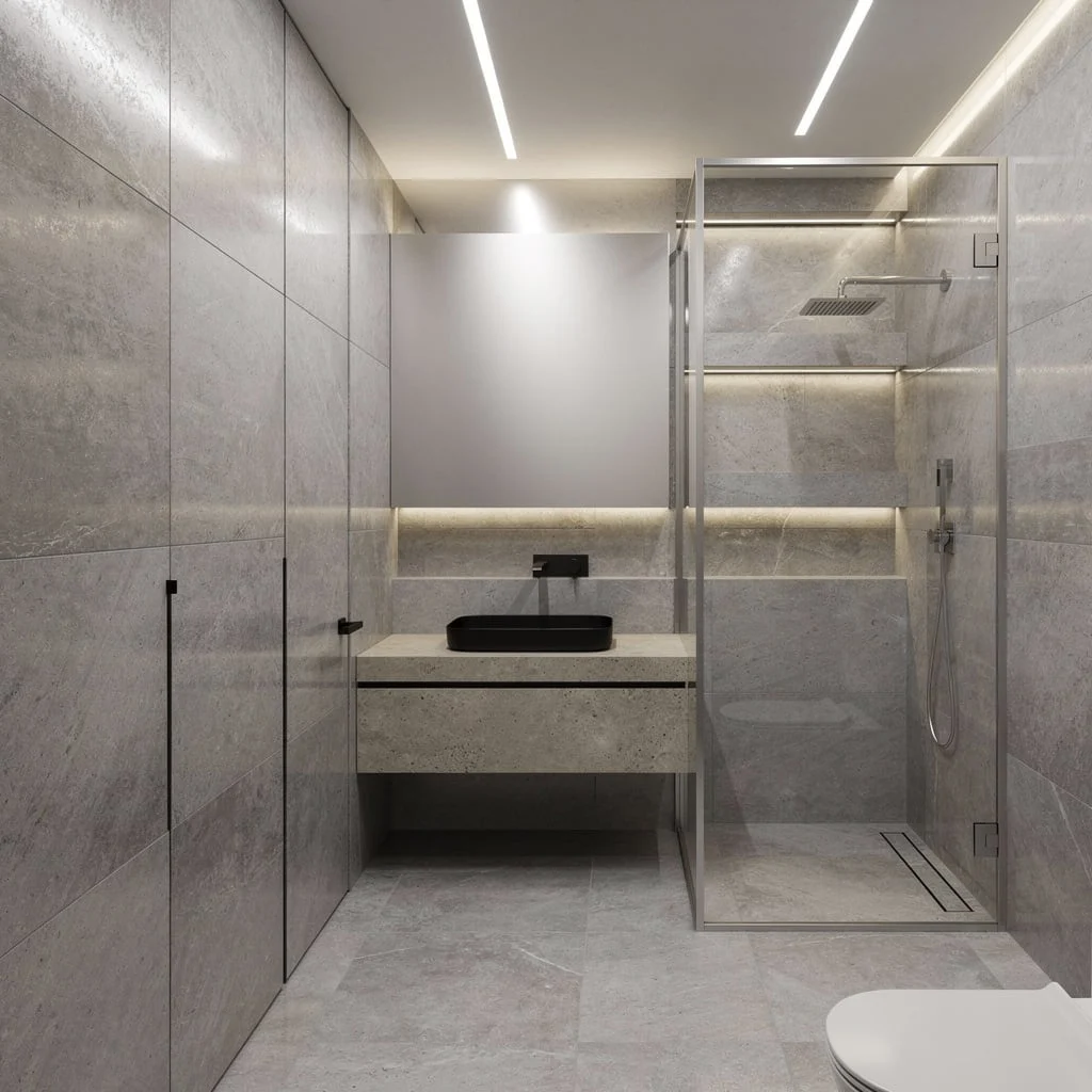 Metal Chill—Powder-Grey Panels, Petrified Wood, Shadow-Lines