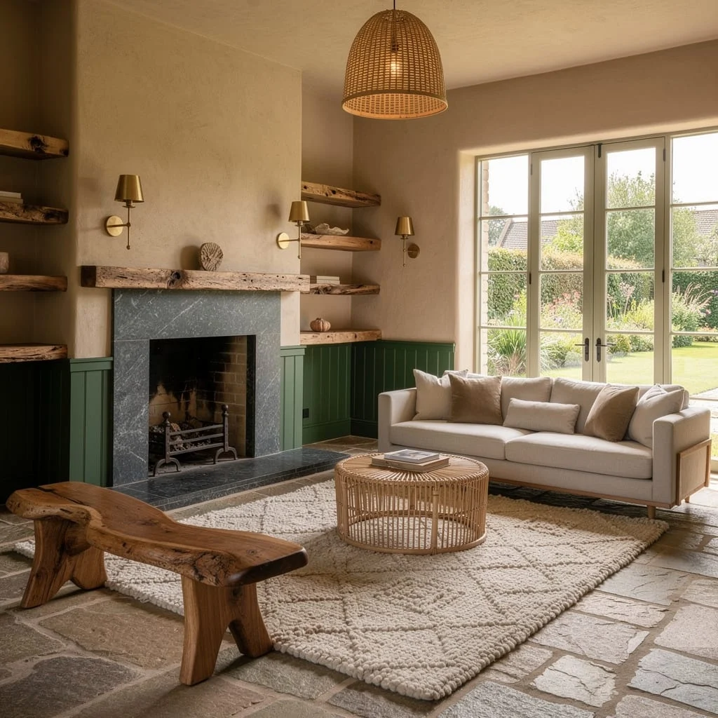 Soapstone Fireplace and Deep-Green Wainscoting: Refined Calm