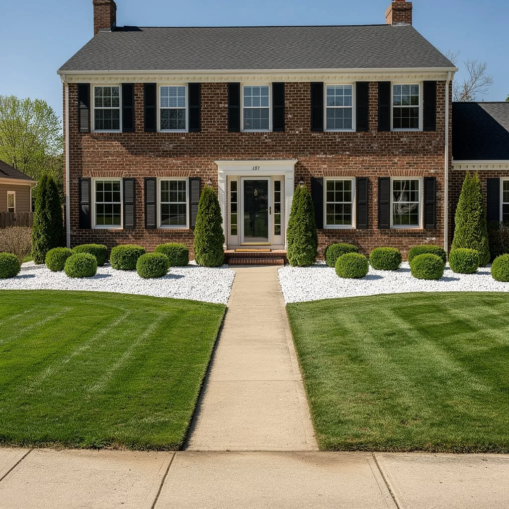 The Formal Red Brick Colonial with White Marble Chip Beds