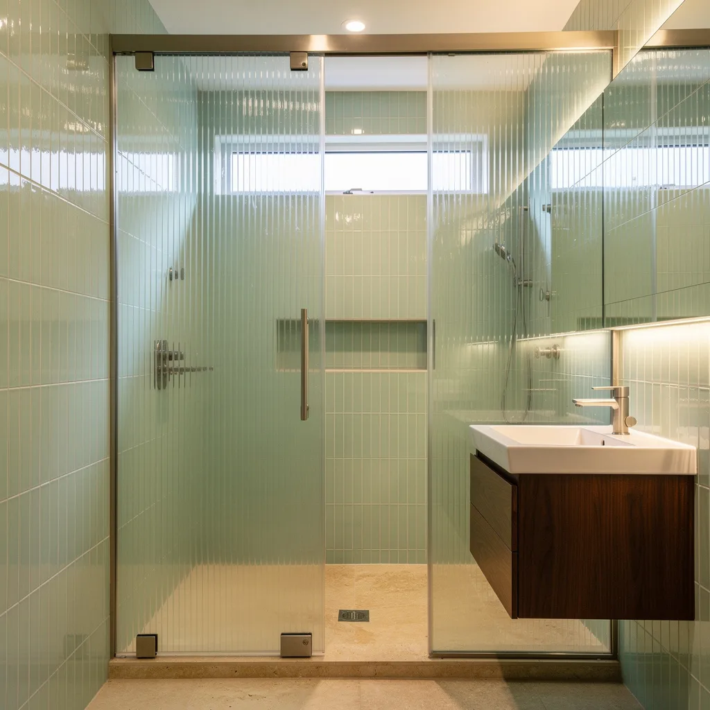Slide Into Chic: Ribbed Glass and Vertical Emerald Tiles