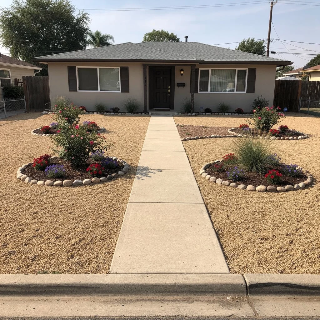 The Symmetrical Gravel Front Yard with Mirror-Image Island Beds