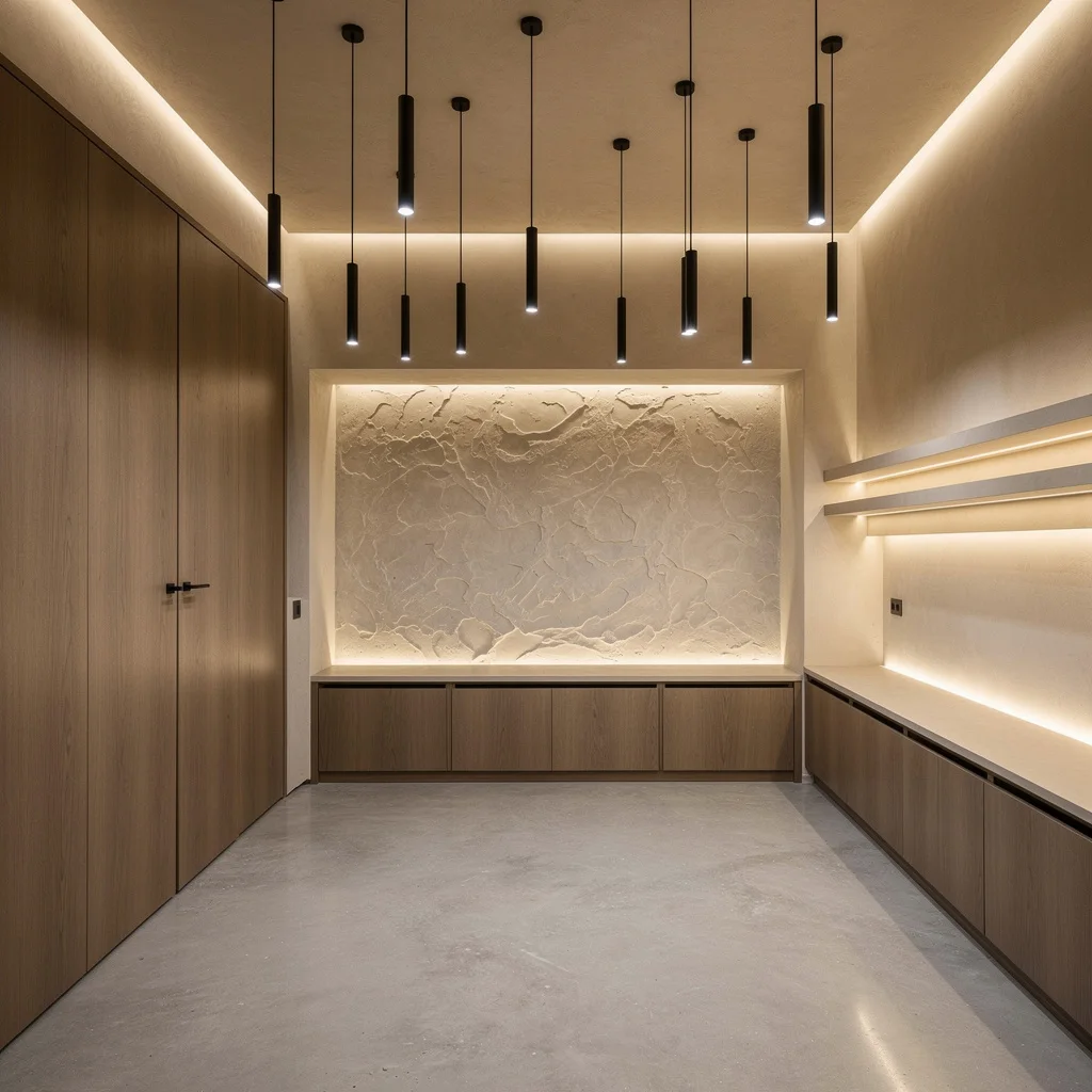 Microcement Chic: Concrete Floors, Matte Black Pendants, and Soft Sculpts