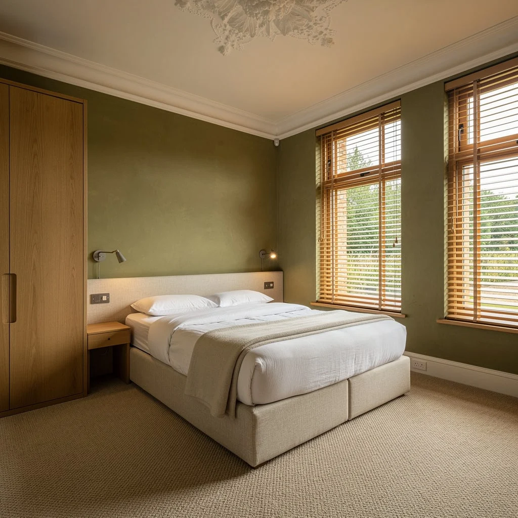 Olive Green Calm: Limewash Walls and Modular Magic