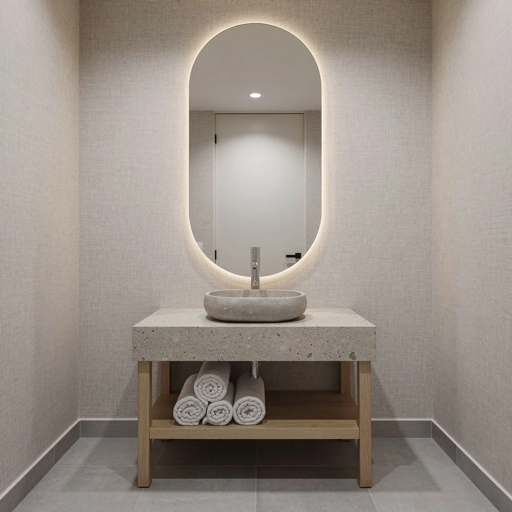 Spa Goals—River Stone Vanities and Rolled Towels