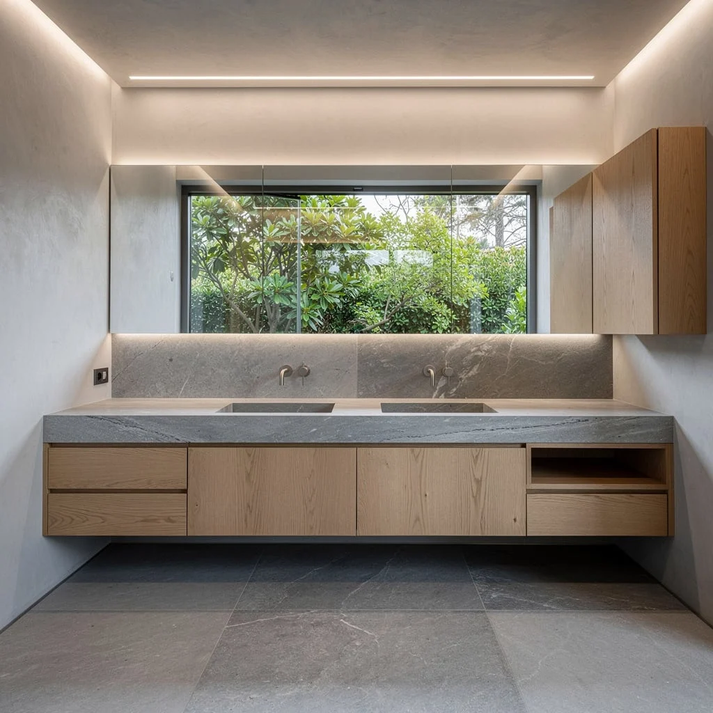 T-Shaped Genius: Oak, Bluestone, and Mirror Views