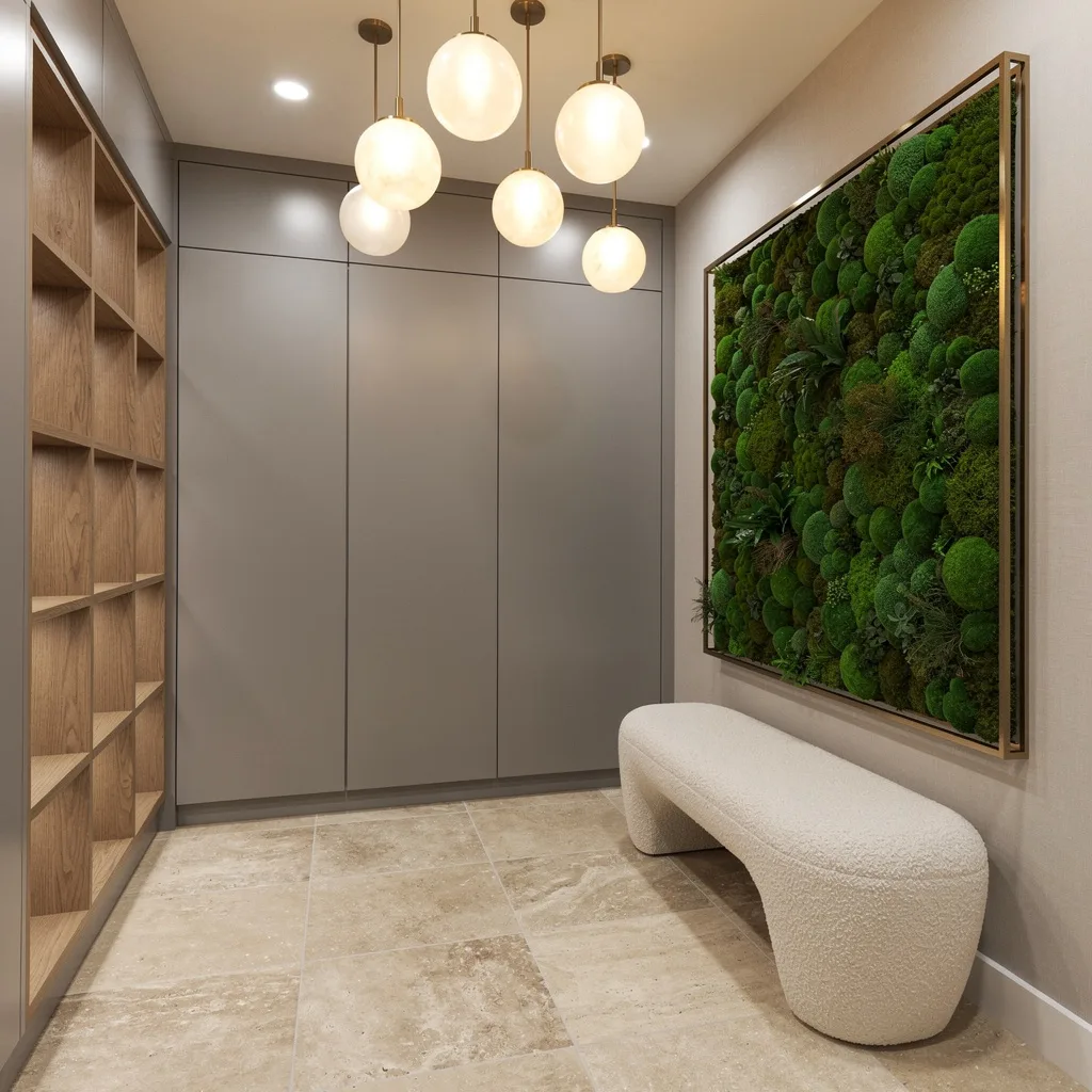 Sculptural Drama: Orb Lights, Moss Walls, and Boucle Benches