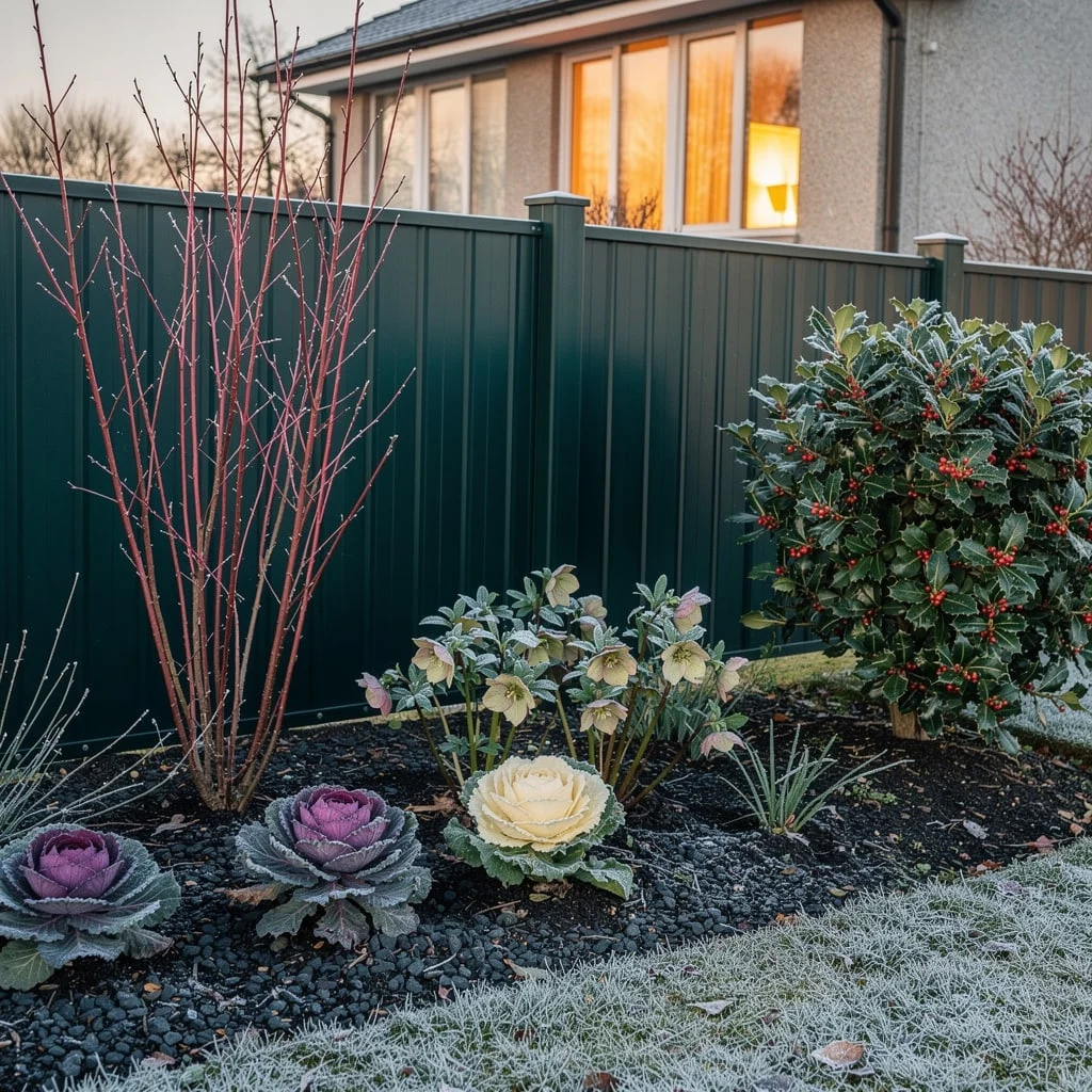 The Dark Green Winter Interest Border with Black Gravel Mulch