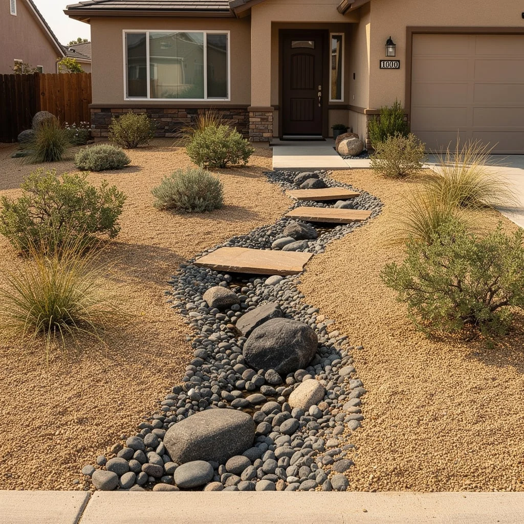 The Desert-Style Front Yard with Dry River Bed and Stepping Stones