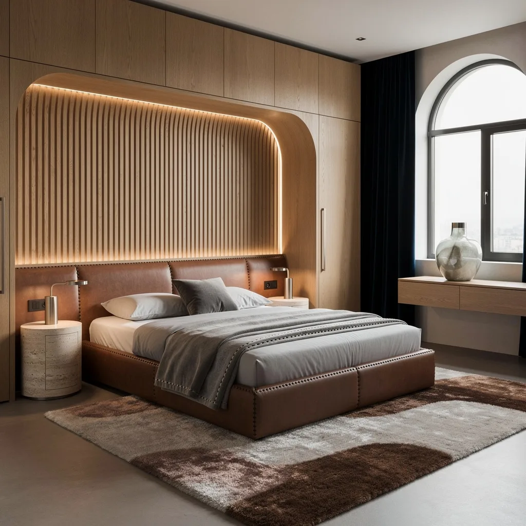 Curved Oak Slats & Italian Leather: The Bedroom That Roasts Your Friends