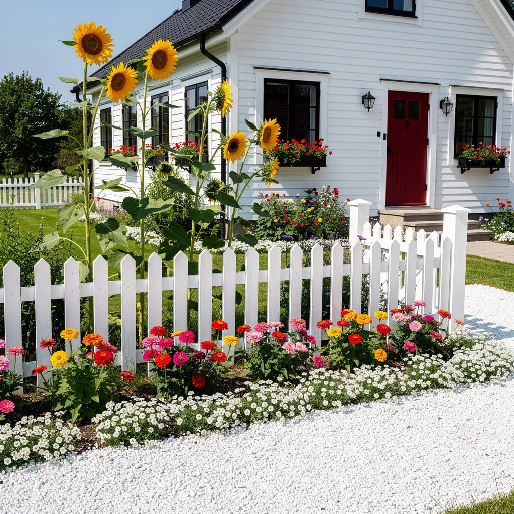The White Picket with Zinnia and Sunflower Border
