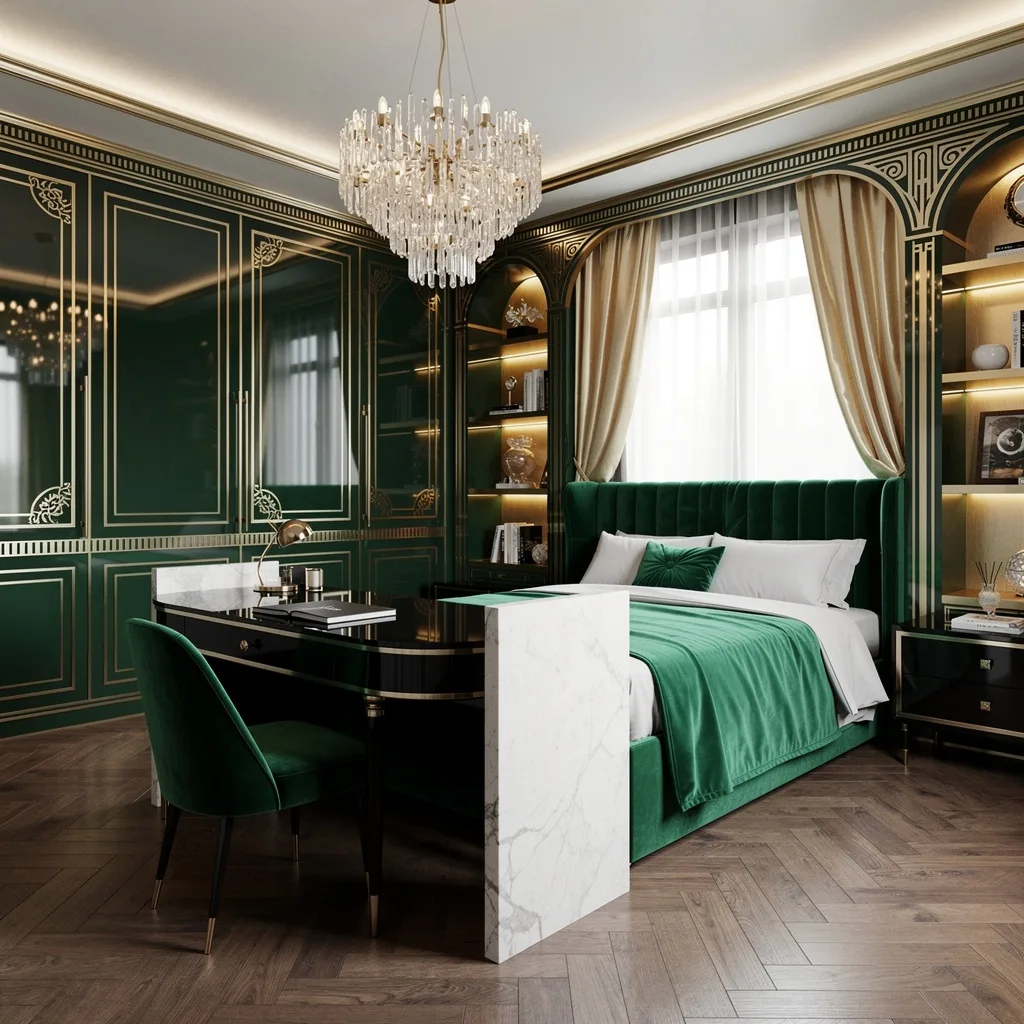 Art Deco Drama: Bold Colors, Marble Dividers, and Crystal Chandelier Slay
