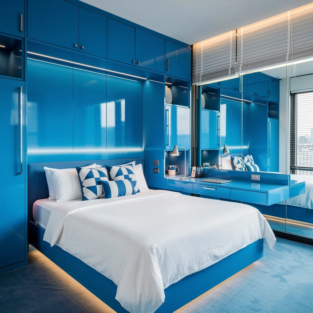 Cerulean Pop: Monochrome Power, Mirrored Walls, and Bold Hardware