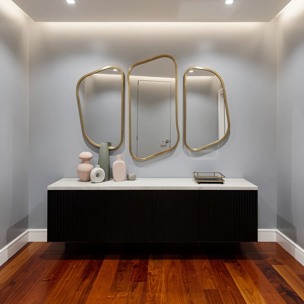 Fluted Ebony Credenza, Asymmetrical Mirrors = Max Sophistication