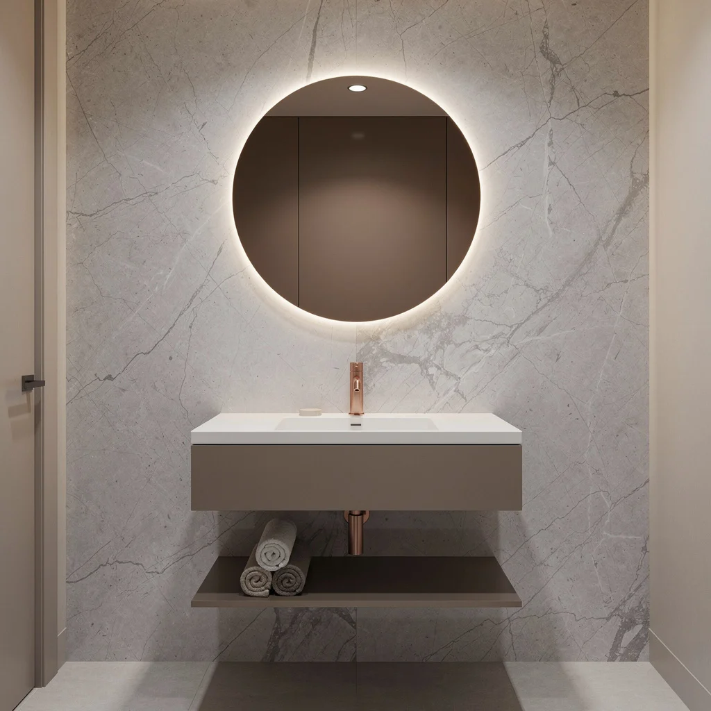 Taupe Sophisticate—Porcelain Slabs and Rose-Gold Flex