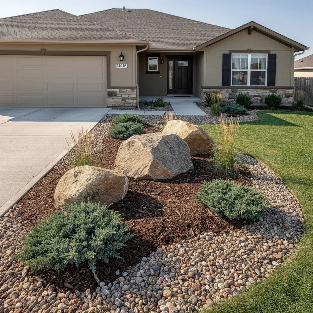 The Mixed Mulch and River Rock Driveway Border with Boulders