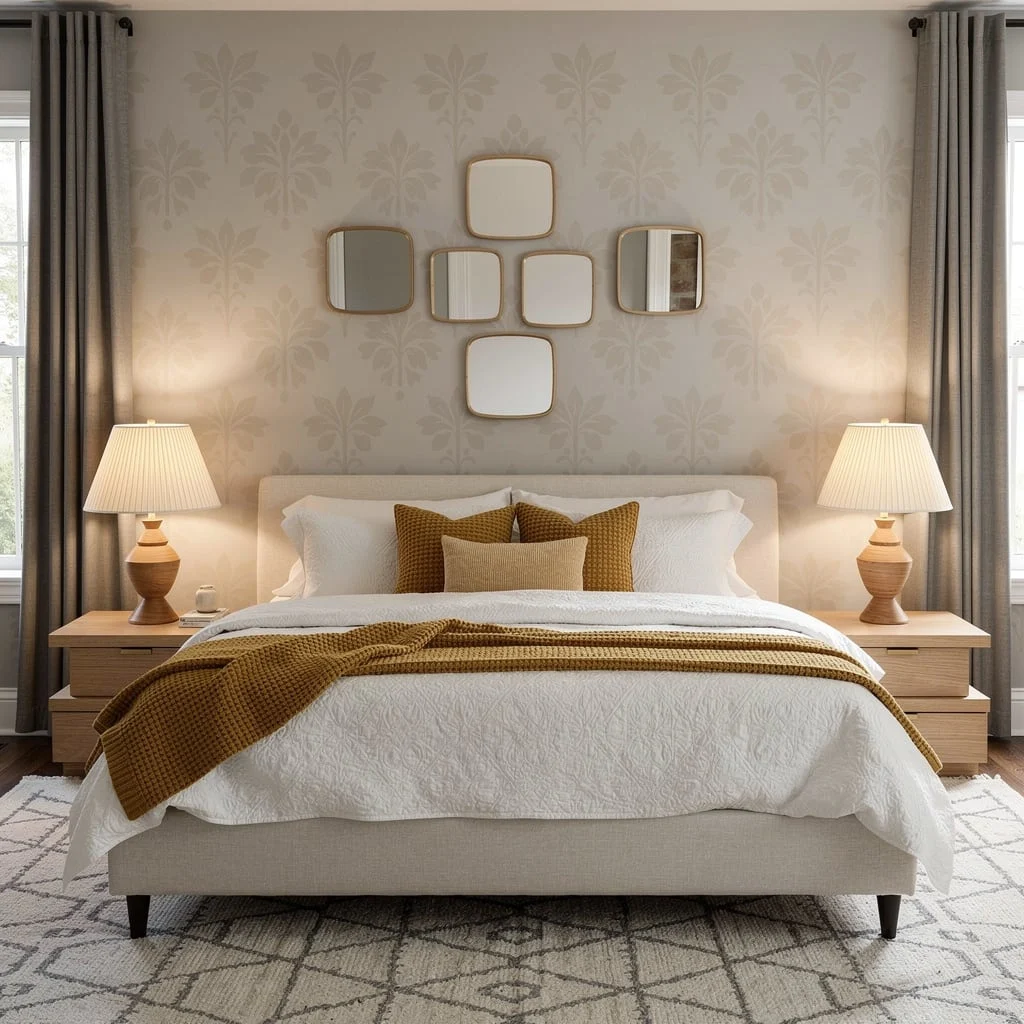 Stenciled Taupe Accent and Frame-Free Mirrors: The Coolest Cheap Trick