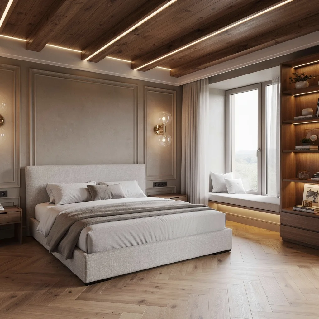 Walnut Zen: Floating Beam Ceilings & Customizable LEDs