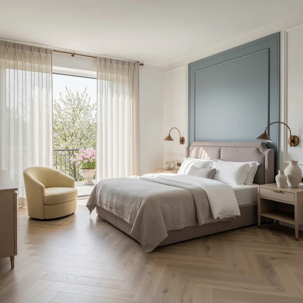 Sheer Drama: Oak Chevron + Dove Gray Headboard