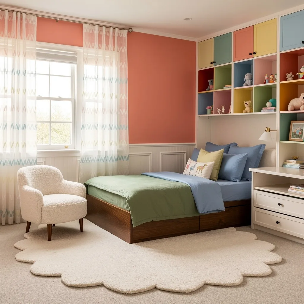 Matte Coral Accent—Pastel Storage Walls Are the Real MVP