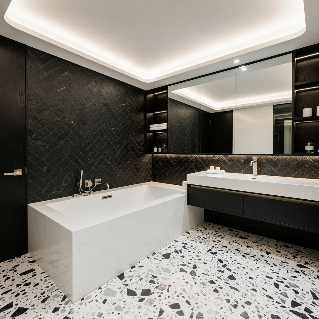 Contrast Is King: Black Herringbone & White Terrazzo