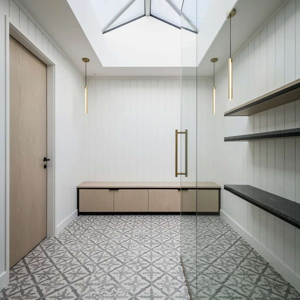 Monochrome Ecstasy: Shiplap, Encaustic Tiles, and Skylight Brag