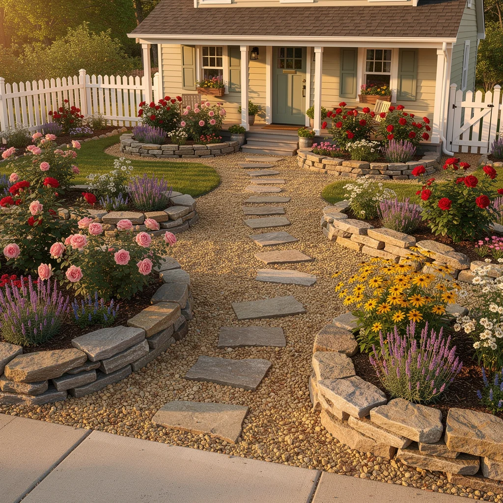 The Cottage Garden with Stone-Edged Island Beds and Gravel Path