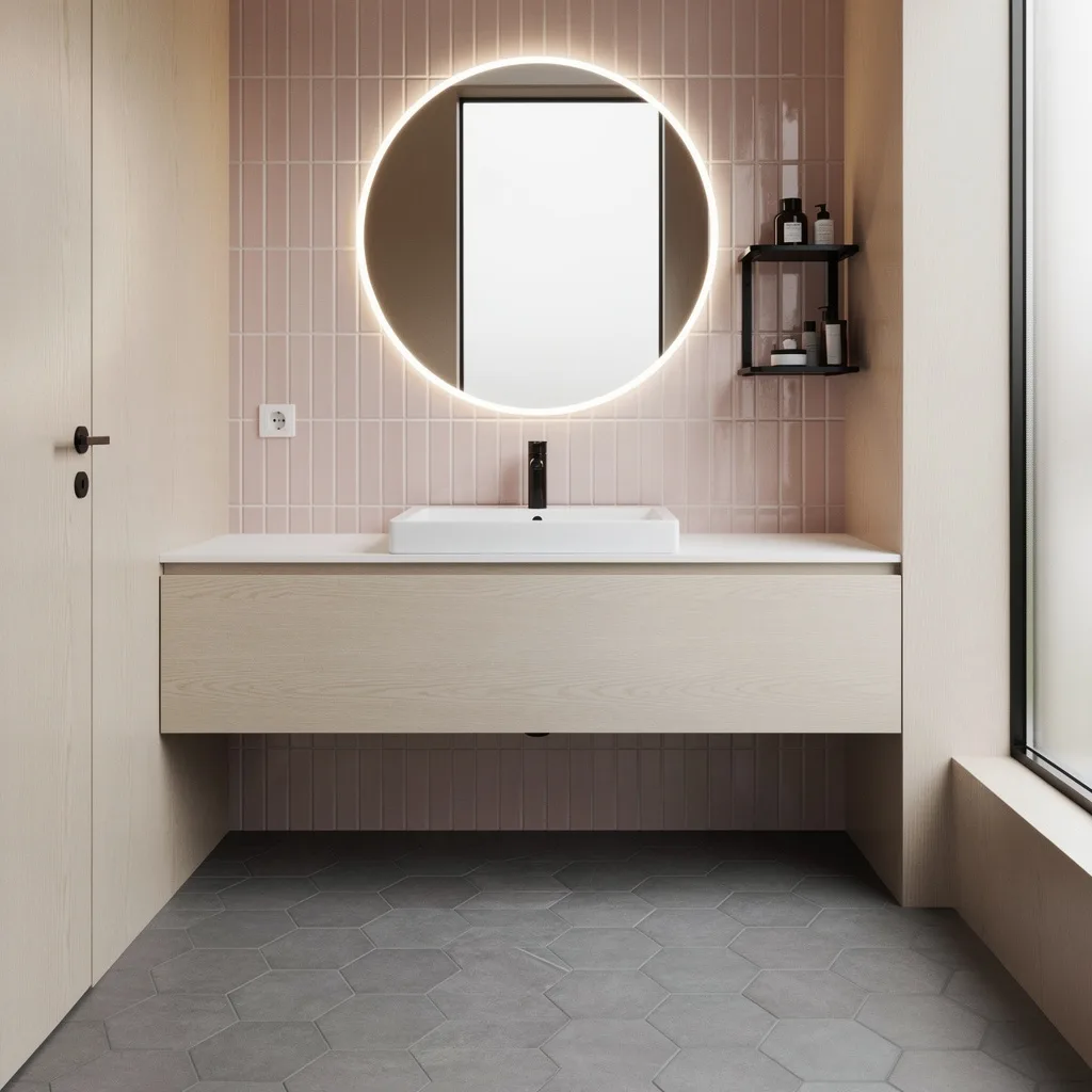 Scandi Vibes Only—Float With Pale Woods and Pink Tiles