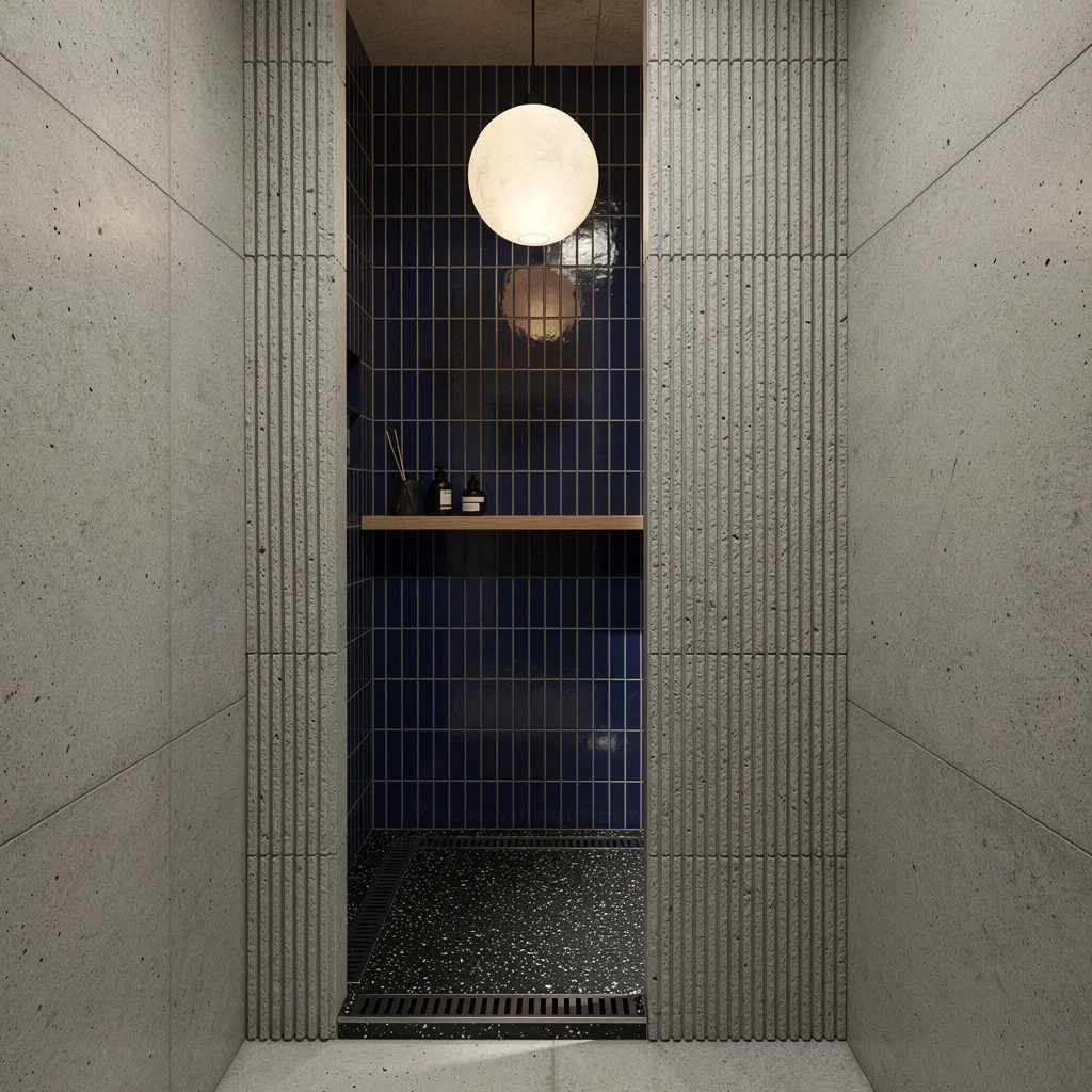 Concrete Artistry: Ribbed Partition and Glazed Indigo Tiles