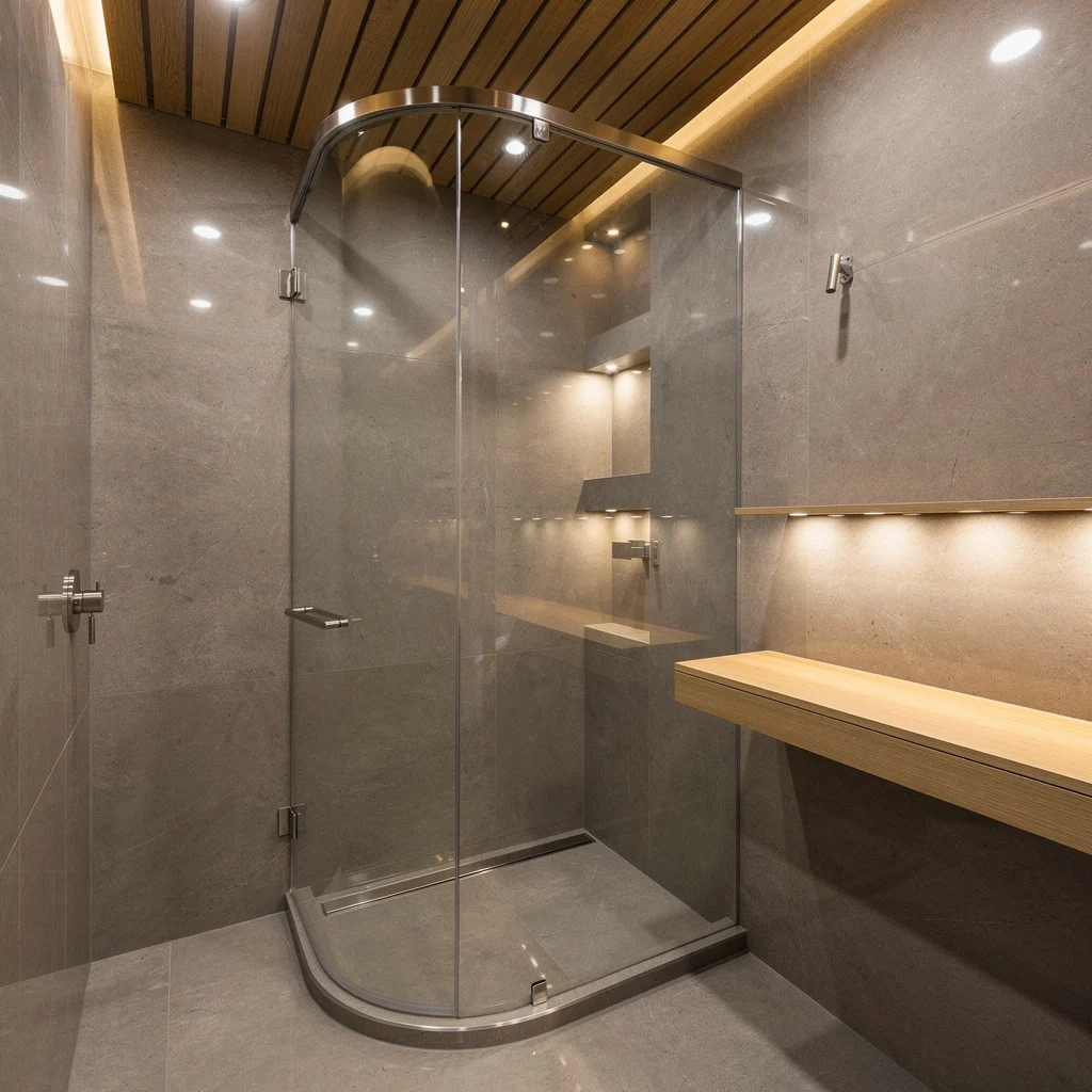 Corner Flex: Glossy Porcelain and Honey Oak Ceiling